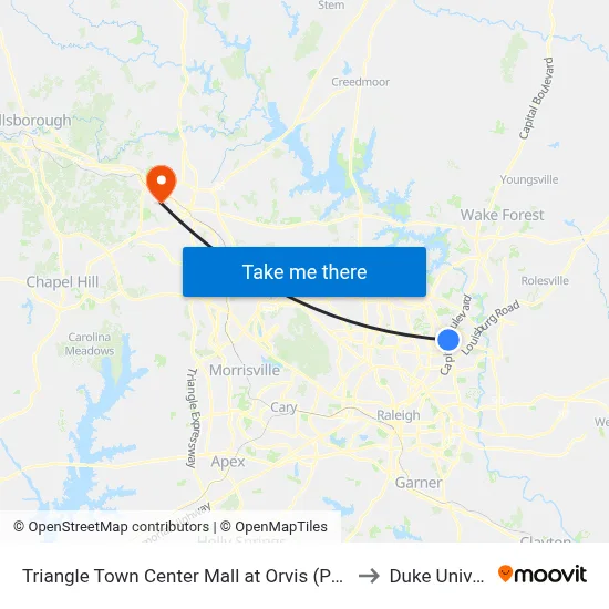 Triangle Town Center Mall at Orvis (Park And Ride) to Duke University map
