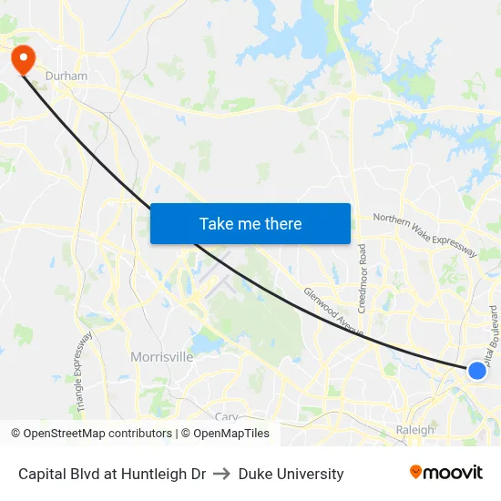 Capital Blvd at Huntleigh Dr to Duke University map