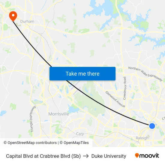 Capital Blvd at Crabtree Blvd (Sb) to Duke University map