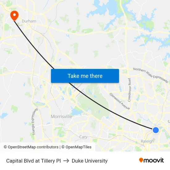 Capital Blvd at Tillery Pl to Duke University map