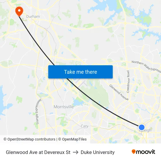 Glenwood Ave at Devereux St to Duke University map