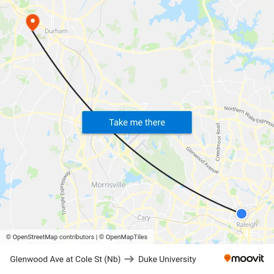 Glenwood Ave at Cole St (Nb) to Duke University map
