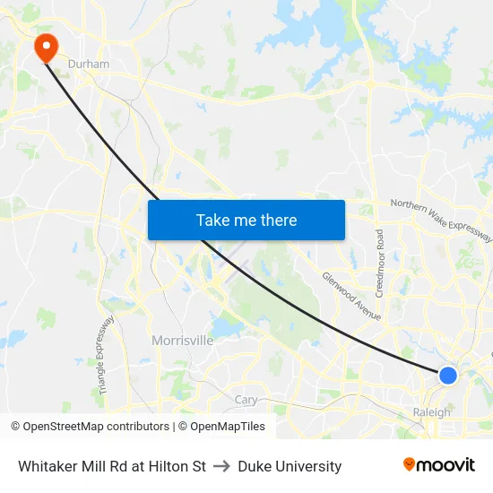 Whitaker Mill Rd at Hilton St to Duke University map