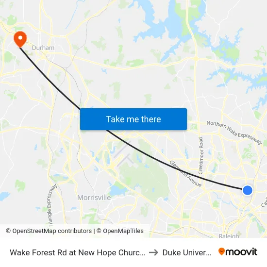 Wake Forest Rd at New Hope Church Rd to Duke University map
