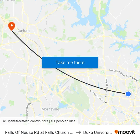 Falls Of Neuse Rd at Falls Church Rd to Duke University map