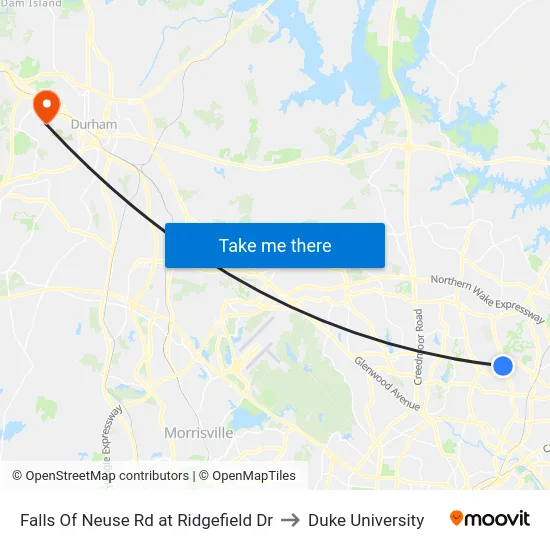 Falls Of Neuse Rd at Ridgefield Dr to Duke University map