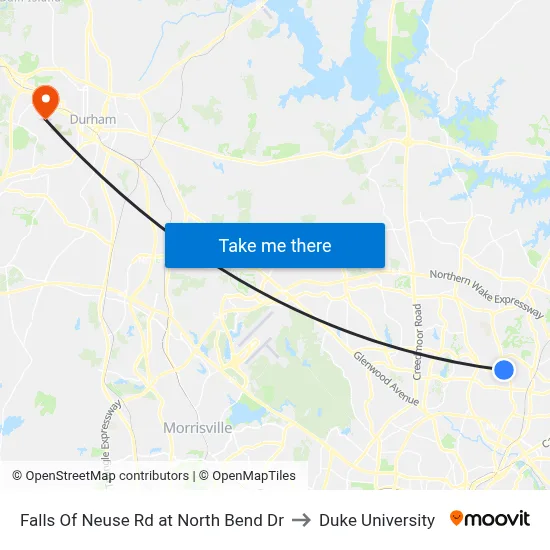 Falls Of Neuse Rd at North Bend Dr to Duke University map