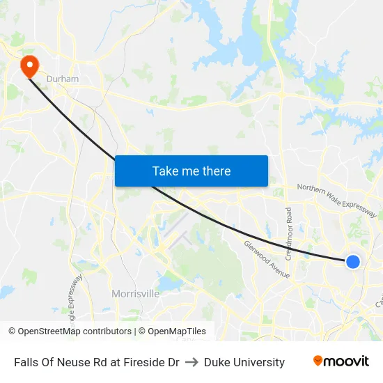 Falls Of Neuse Rd at Fireside Dr to Duke University map