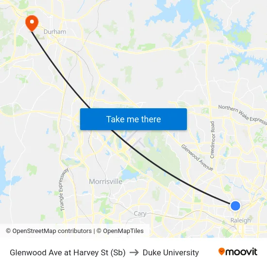 Glenwood Ave at Harvey St (Sb) to Duke University map