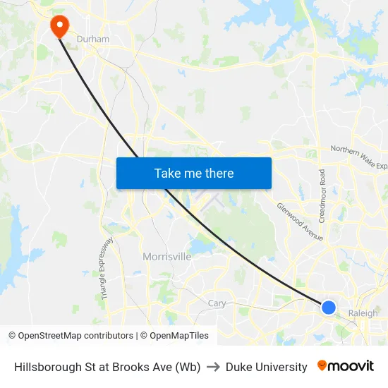 Hillsborough St at Brooks Ave (Wb) to Duke University map
