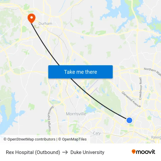 Rex Hospital (Outbound) to Duke University map