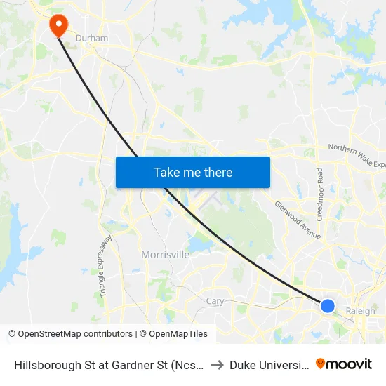 Hillsborough St at Gardner St (Ncsu) to Duke University map