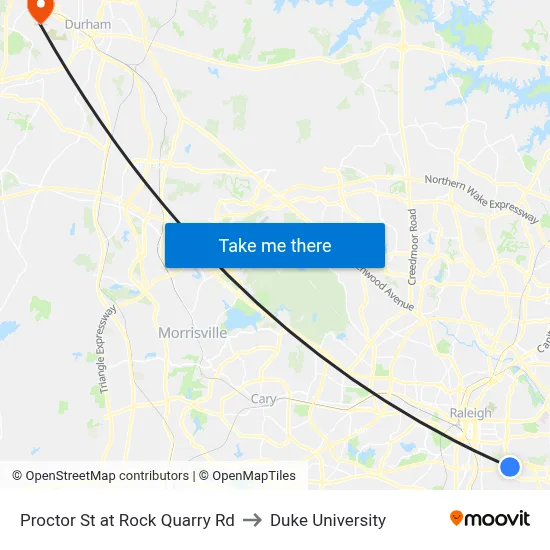 Proctor St at Rock Quarry Rd to Duke University map