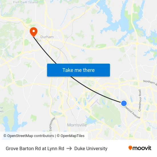 Grove Barton Rd at Lynn Rd to Duke University map