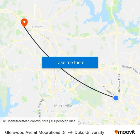 Glenwood Ave at Moorehead Dr to Duke University map