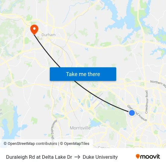 Duraleigh Rd at Delta Lake Dr to Duke University map