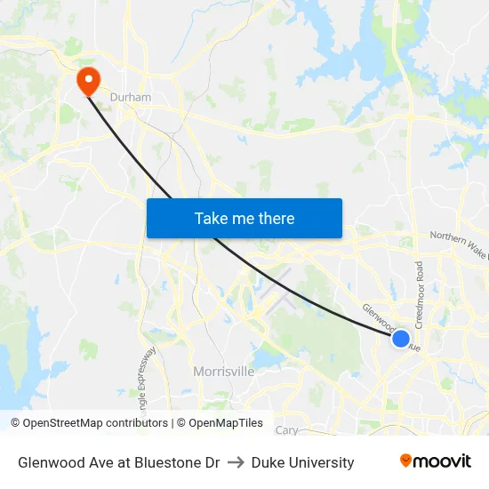 Glenwood Ave at Bluestone Dr to Duke University map