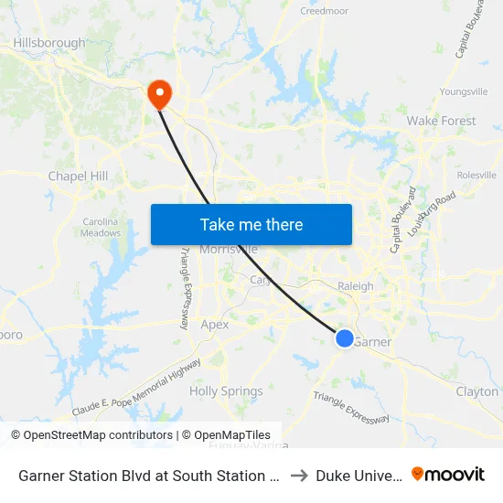 Garner Station Blvd at South Station (Big Lots) to Duke University map