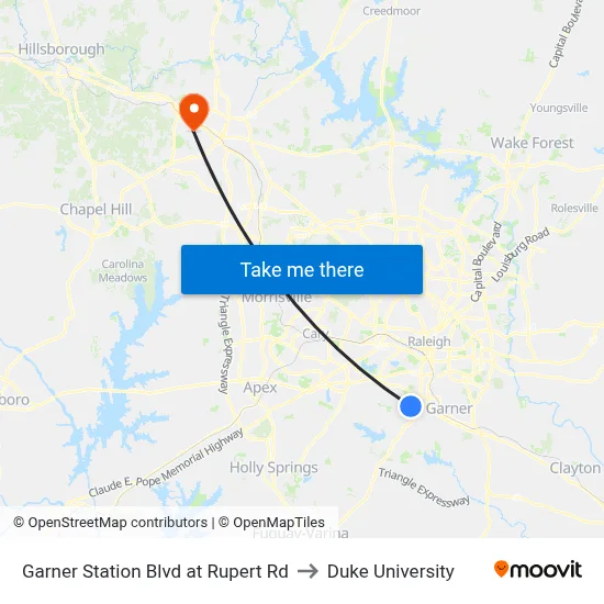 Garner Station Blvd at Rupert Rd to Duke University map