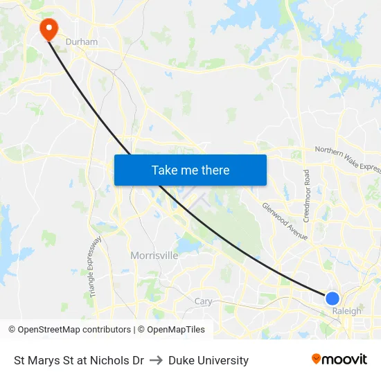 St Marys St at Nichols Dr to Duke University map