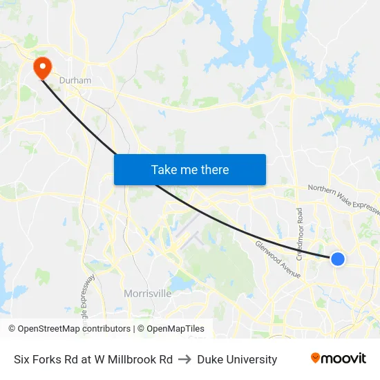 Six Forks Rd at W Millbrook Rd to Duke University map