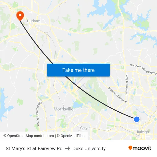 St Mary's St at Fairview Rd to Duke University map