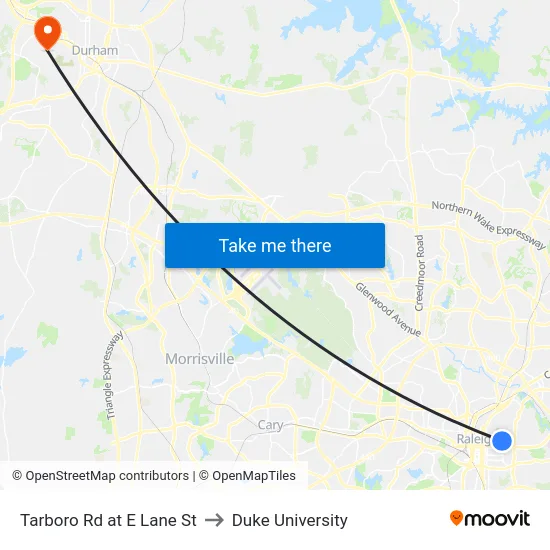 Tarboro Rd at E Lane St to Duke University map