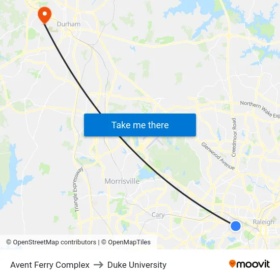Avent Ferry Complex to Duke University map