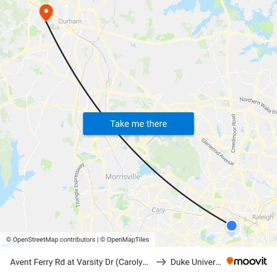 Avent Ferry Rd at Varsity Dr (Carolyn Apts) to Duke University map