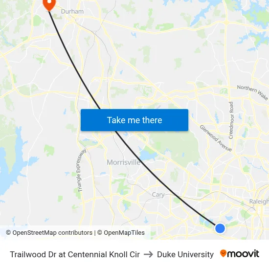Trailwood Dr at Centennial Knoll Cir to Duke University map