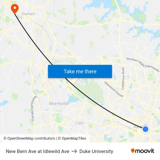New Bern Ave at Idlewild Ave to Duke University map