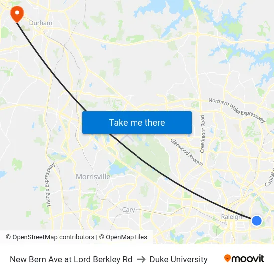 New Bern Ave at Lord Berkley Rd to Duke University map