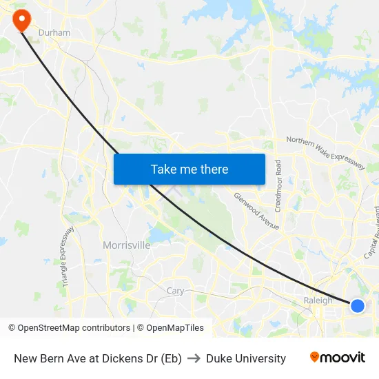 New Bern Ave at Dickens Dr (Eb) to Duke University map