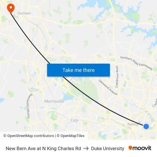 New Bern Ave at N King Charles Rd to Duke University map