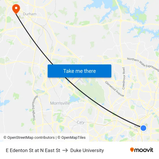 E Edenton St at N East St to Duke University map