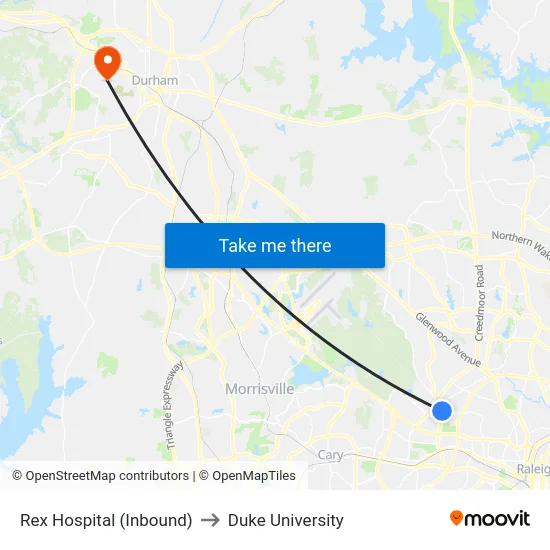 Rex Hospital (Inbound) to Duke University map
