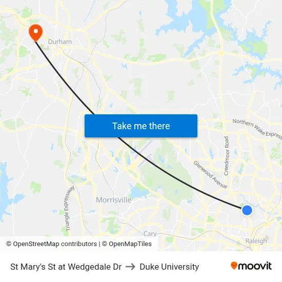 St Mary's St at Wedgedale Dr to Duke University map