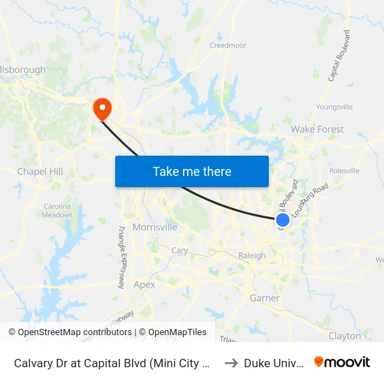 Calvary Dr at Capital Blvd (Mini City Marketplace) to Duke University map