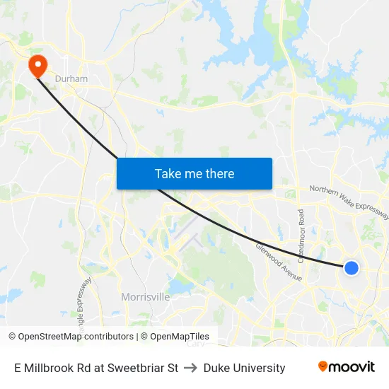 E Millbrook Rd at Sweetbriar St to Duke University map