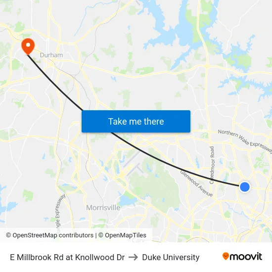 E Millbrook Rd at Knollwood Dr to Duke University map