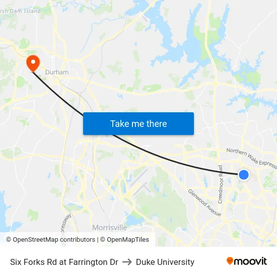 Six Forks Rd at Farrington Dr to Duke University map