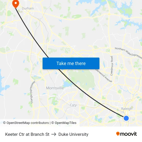 Keeter Ctr at Branch St to Duke University map