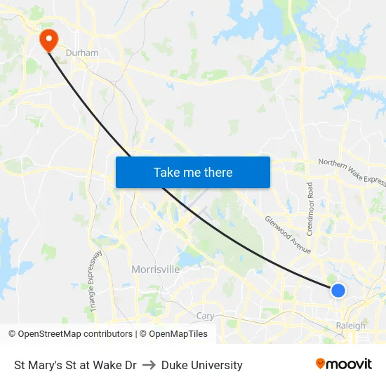 St Mary's St at Wake Dr to Duke University map