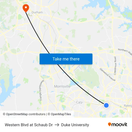 Western Blvd at Schaub Dr to Duke University map
