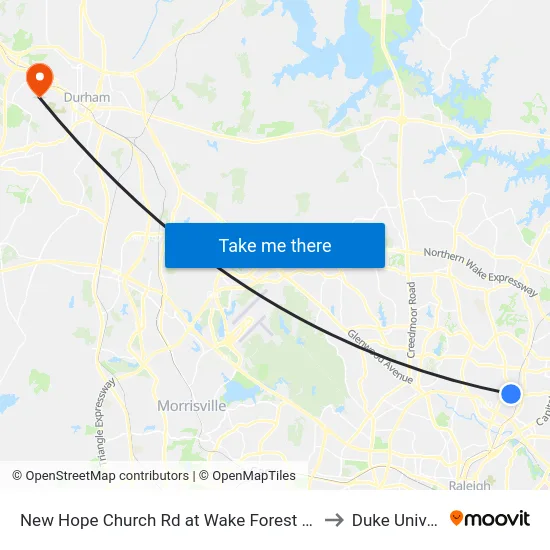 New Hope Church Rd at Wake Forest Rd (Walmart) to Duke University map