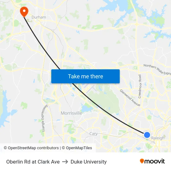 Oberlin Rd at Clark Ave to Duke University map