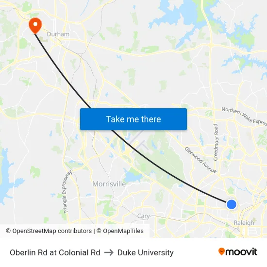 Oberlin Rd at Colonial Rd to Duke University map