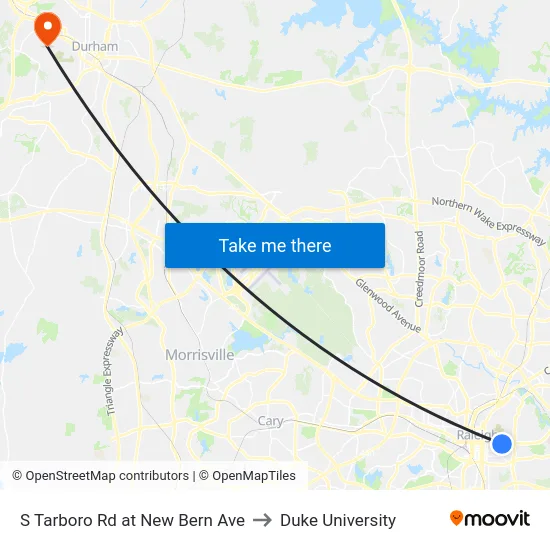 S Tarboro Rd at New Bern Ave to Duke University map