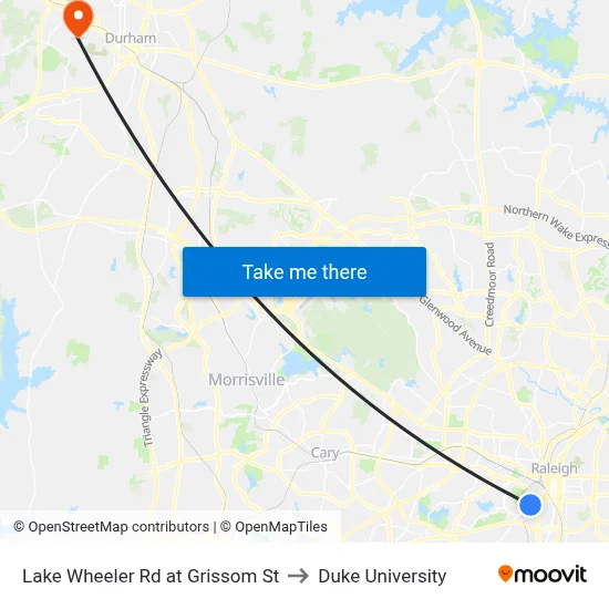 Lake Wheeler Rd at Grissom St to Duke University map