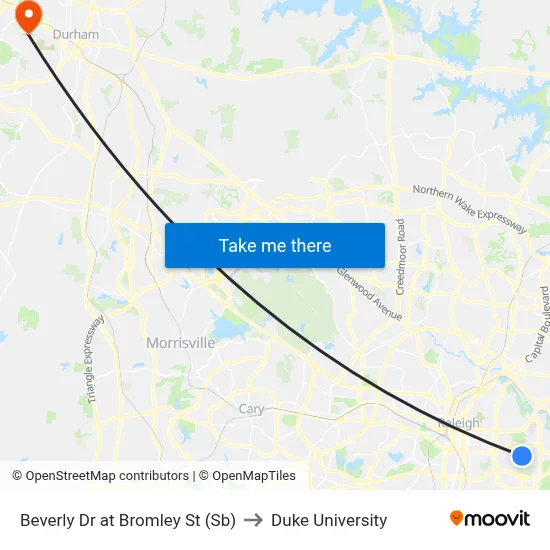 Beverly Dr at Bromley St (Sb) to Duke University map